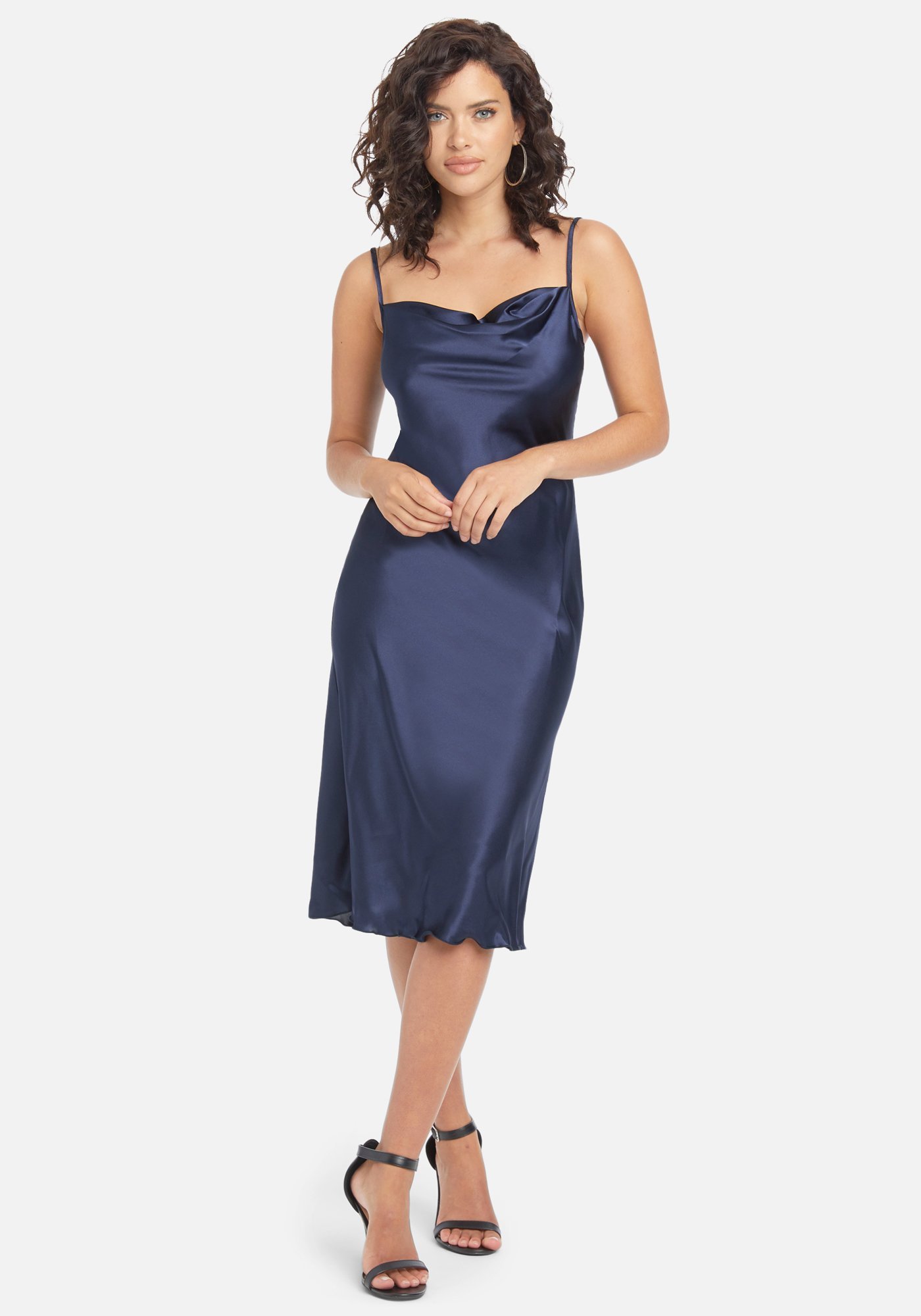 Bebe Women's Satin Cowl Neck Slip Midi Dress, Size Small in Navy Blue Polyester
