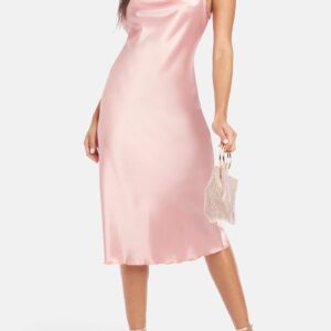 Bebe Women's Satin Cowl Neck Slip Midi Dress, Size Large in Rose Polyester