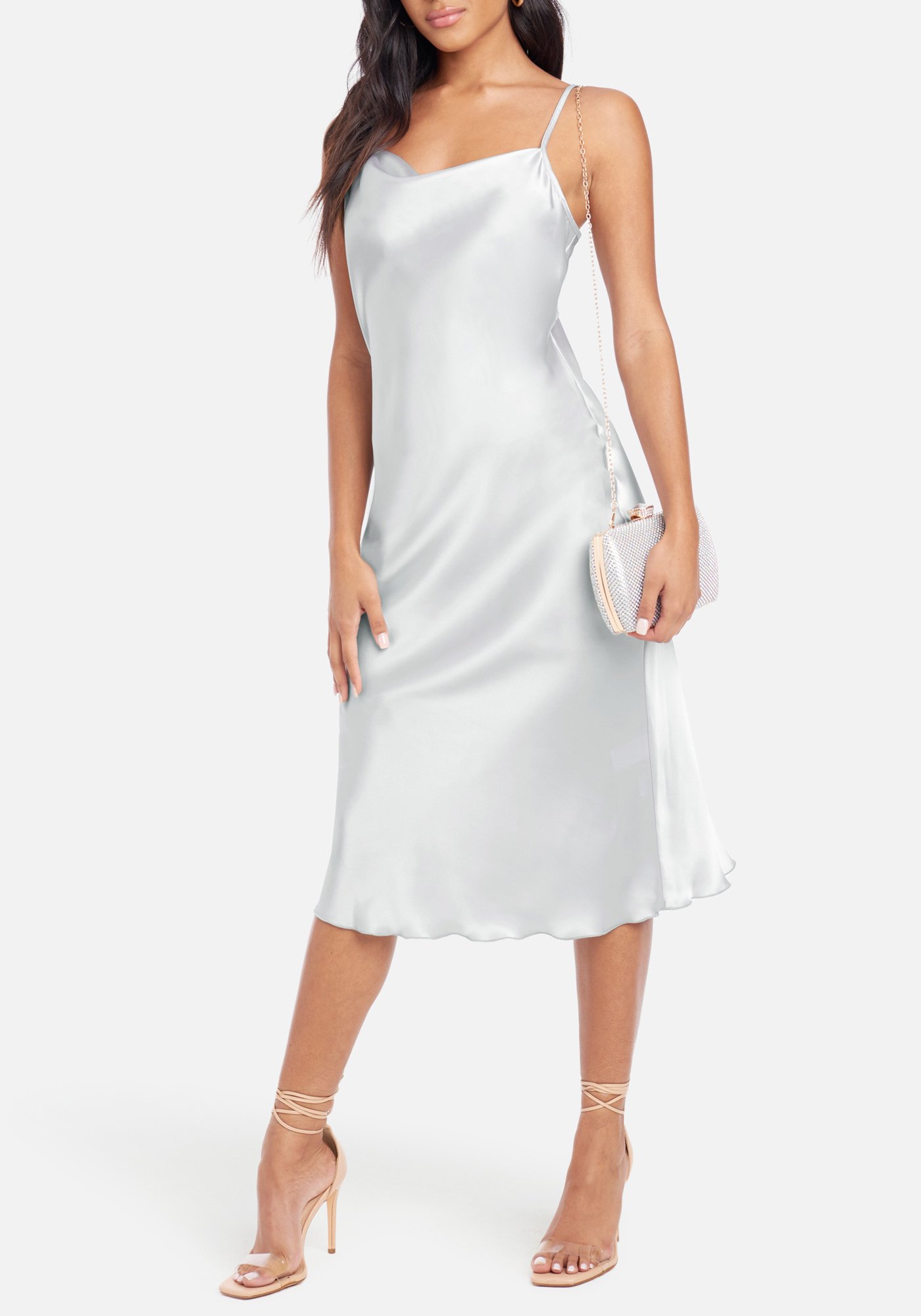 Bebe Women's Satin Cowl Neck Slip Midi Dress, Size Large in Silver Polyester