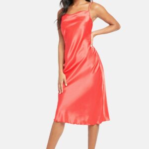 Bebe Women's Satin Cowl Neck Slip Midi Dress, Size Large in Tomato Polyester