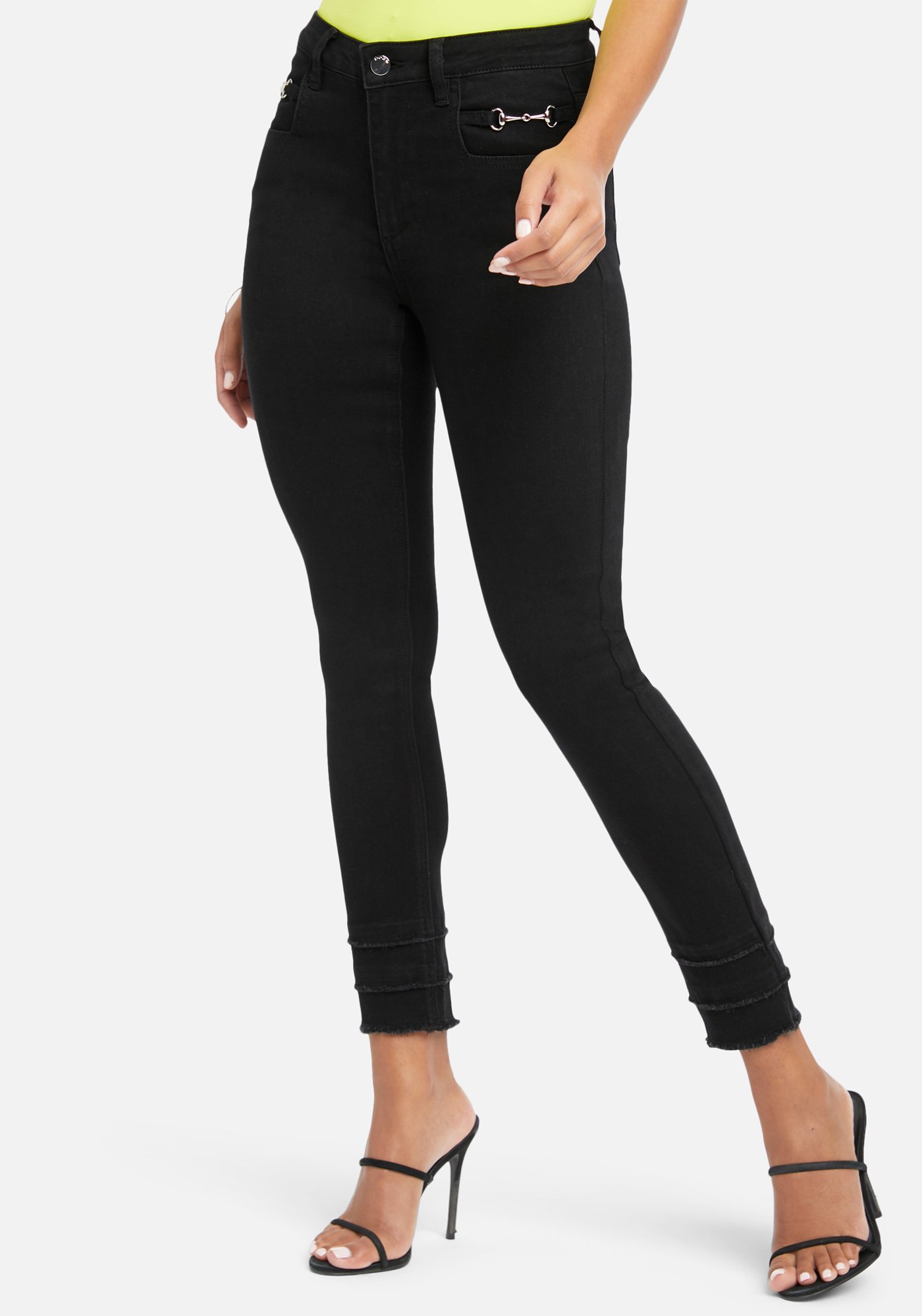 Bebe Women's Tiered Raw Edge Hem Jeans, Size 28 in Black Wash Metal/Cotton/Spandex