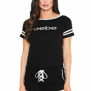 Women's 2 Piece Bebe Lace Up Short Set, Size XL in Black Cotton