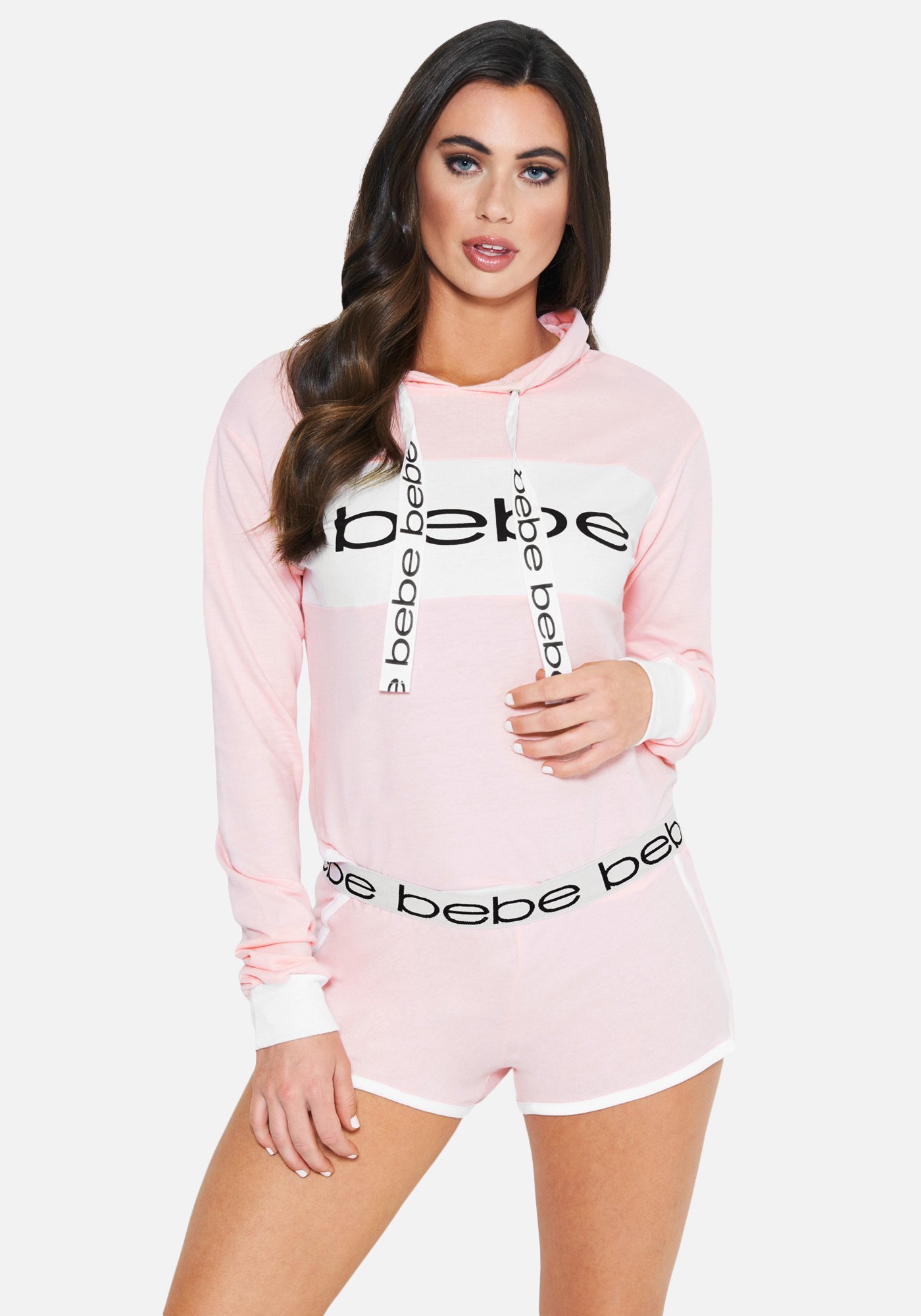 Bebe Women's Blocked Logo Hoodie Sleep Set, Size Medium in Light Pink Cotton