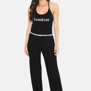 Women's Bebe Logo Ruffle Tank Top Pant Set, Size XL in Black Cotton