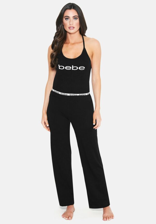 Women's Bebe Logo Ruffle Tank Top Pant Set, Size XL in Black Cotton