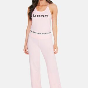 Women's Bebe Logo Ruffle Tank Top Pant Set, Size Small in Light Pink Cotton