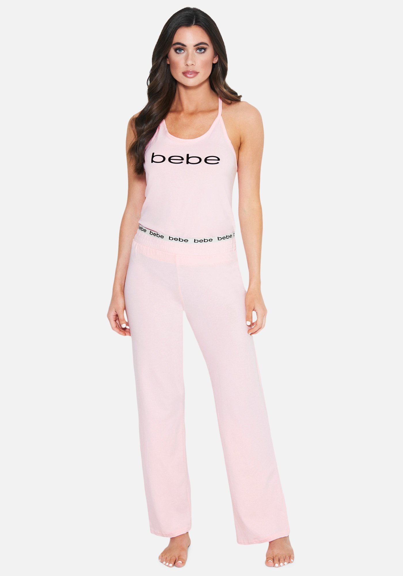 Women's Bebe Logo Ruffle Tank Top Pant Set, Size XL in Light Pink Cotton