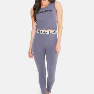 Women's Bebe Logo Crop Tee Shirt Pant Set, Size Large in Midnight Lavendar Cotton/Spandex