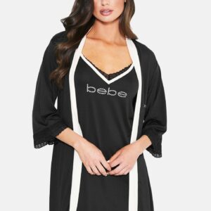Women's Bebe Logo Lace Dress Robe Set, Size Large in Black Spandex