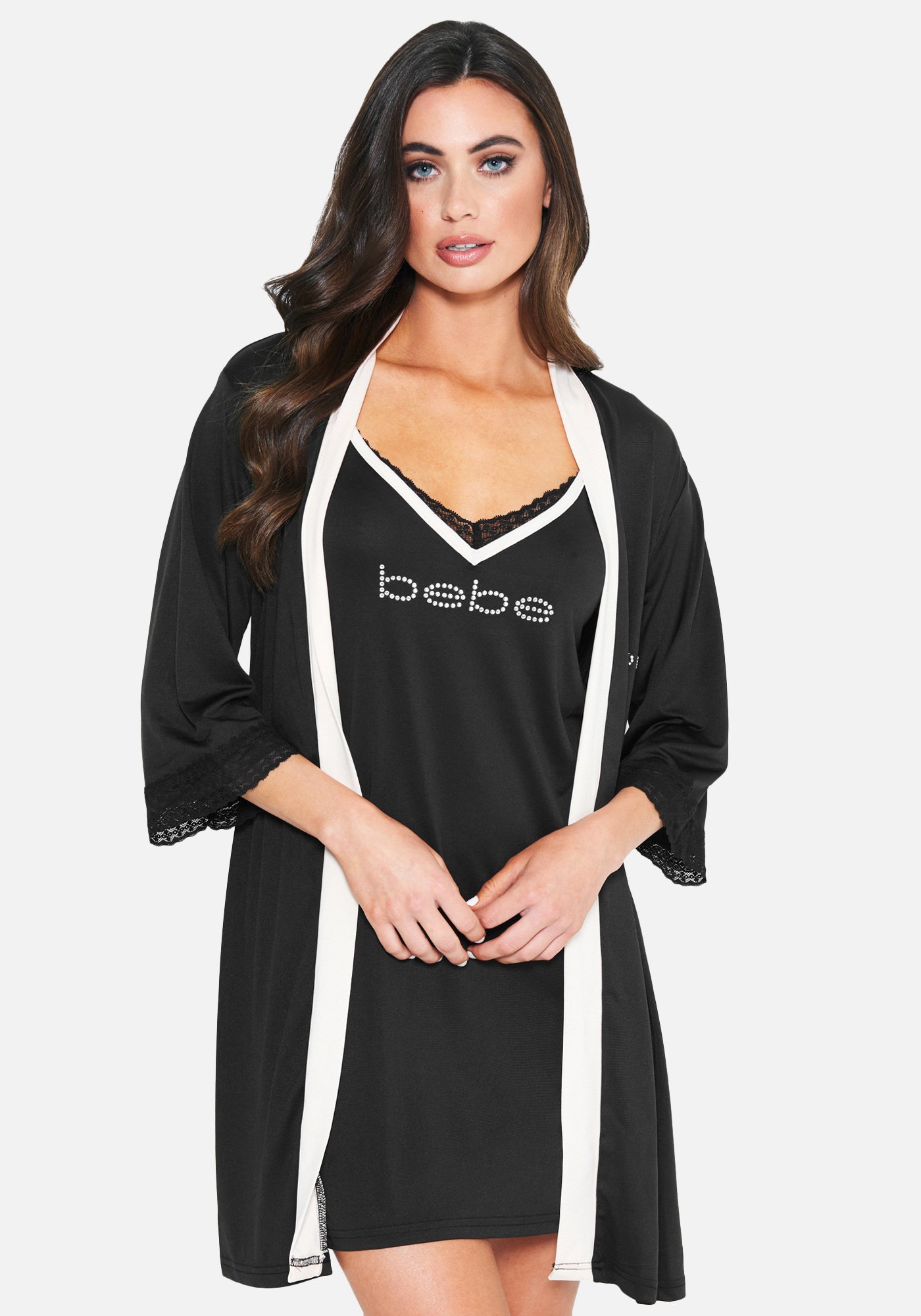 Women's Bebe Logo Lace Dress Robe Set, Size Small in Black Spandex