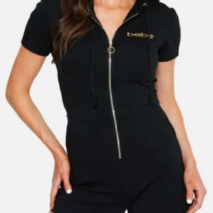 Women's Bebe Logo French Terry Romper, Size Small in BLACK Cotton/Spandex