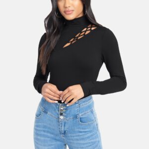 Bebe Women's Mock Neck Cut Out Knit Top, Size Large in Black Spandex