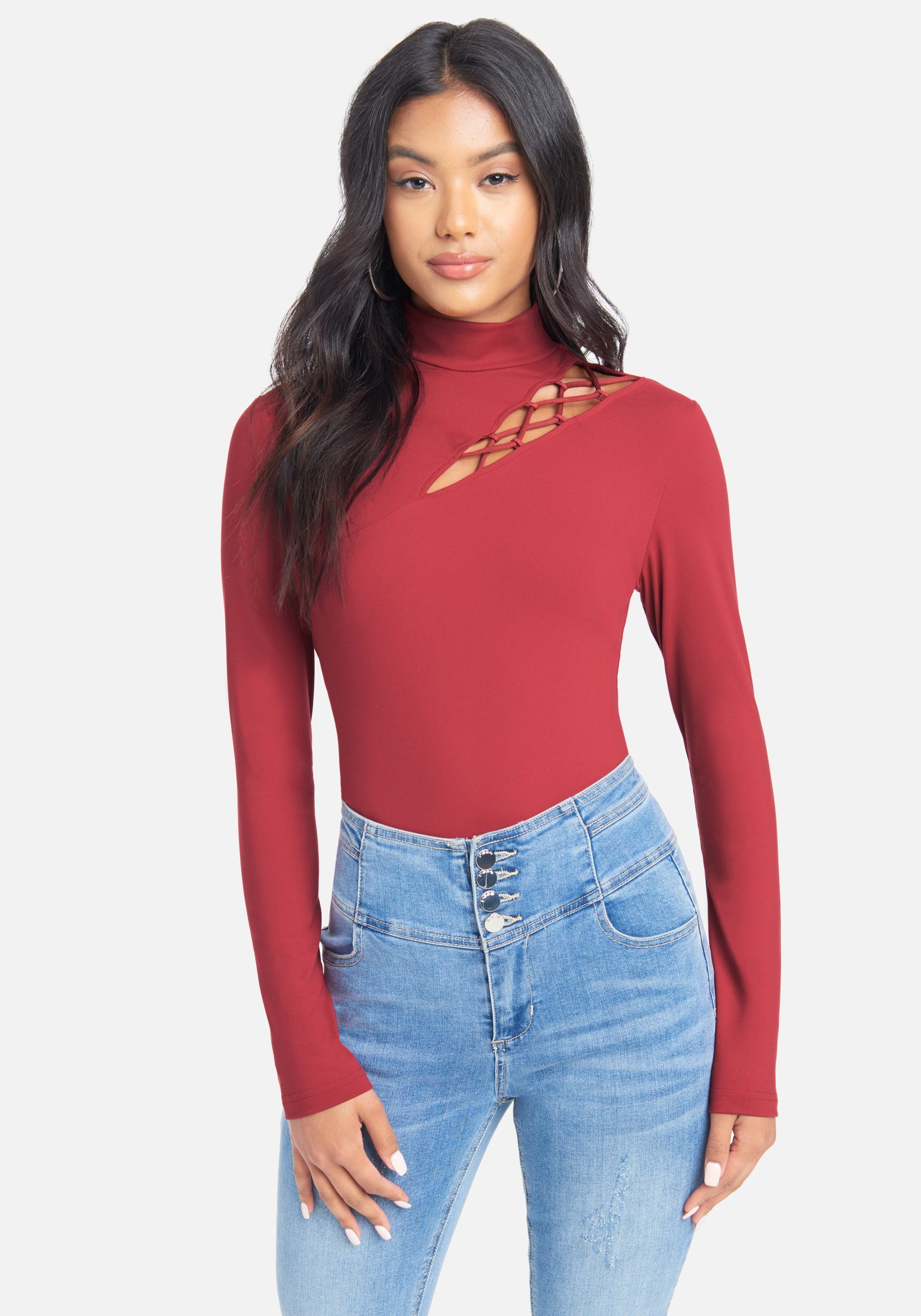Bebe Women's Mock Neck Cut Out Knit Top, Size Large in Rio Red Spandex