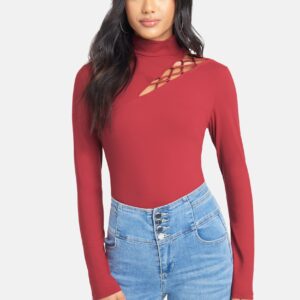 Bebe Women's Mock Neck Cut Out Knit Top, Size XL in Rio Red Spandex