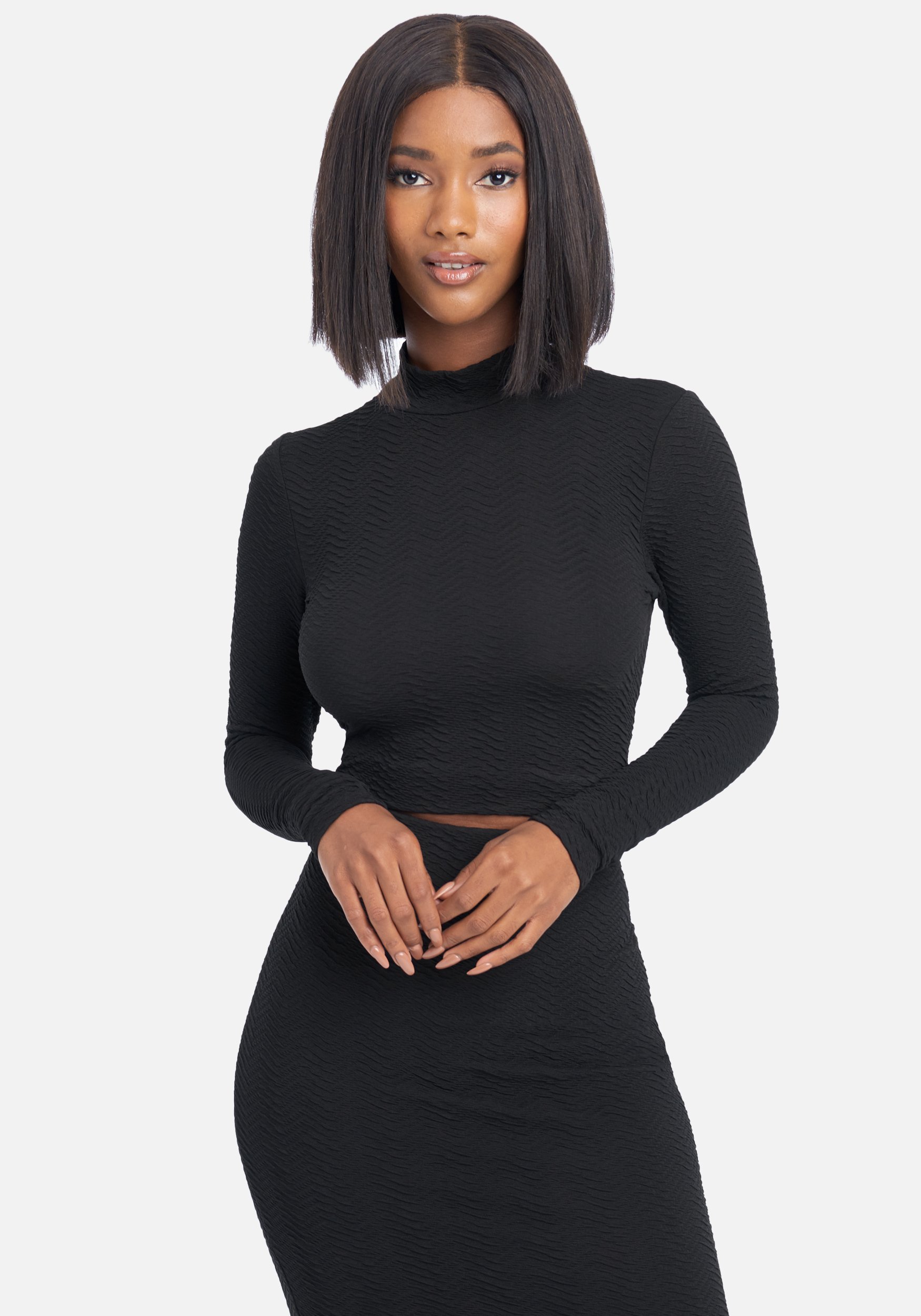 Bebe Women's Textured Mock Neck Knit Top, Size XL in Black Spandex