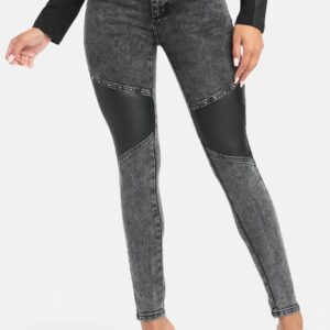 Bebe Women's Acid Wash Faux Leather Skinny Jeans, Size 25 in Black Acid Wash Cotton/Spandex