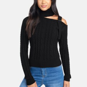 Bebe Women's Mock Neck Cut Out Sweater Top, Size Medium in Black Spandex/Nylon