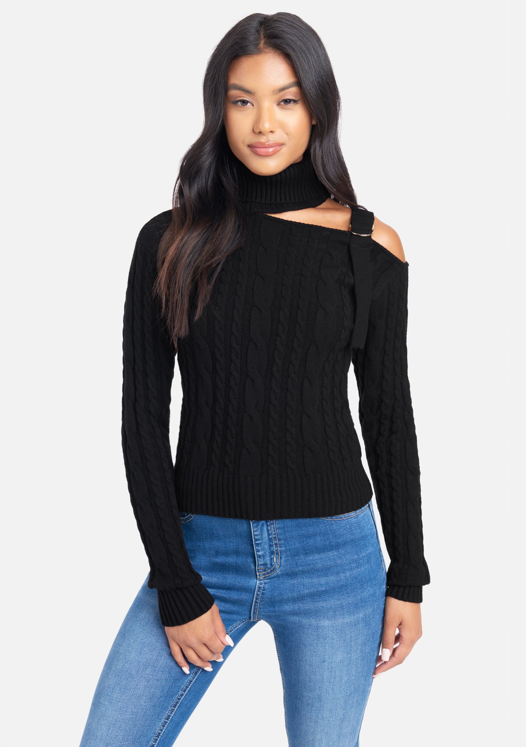 Bebe Women's Mock Neck Cut Out Sweater Top, Size XXS in Black Spandex/Nylon