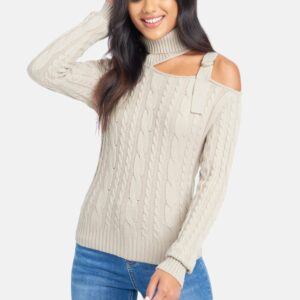 Bebe Women's Mock Neck Cut Out Sweater Top, Size XXS in Camel Heather Spandex/Nylon