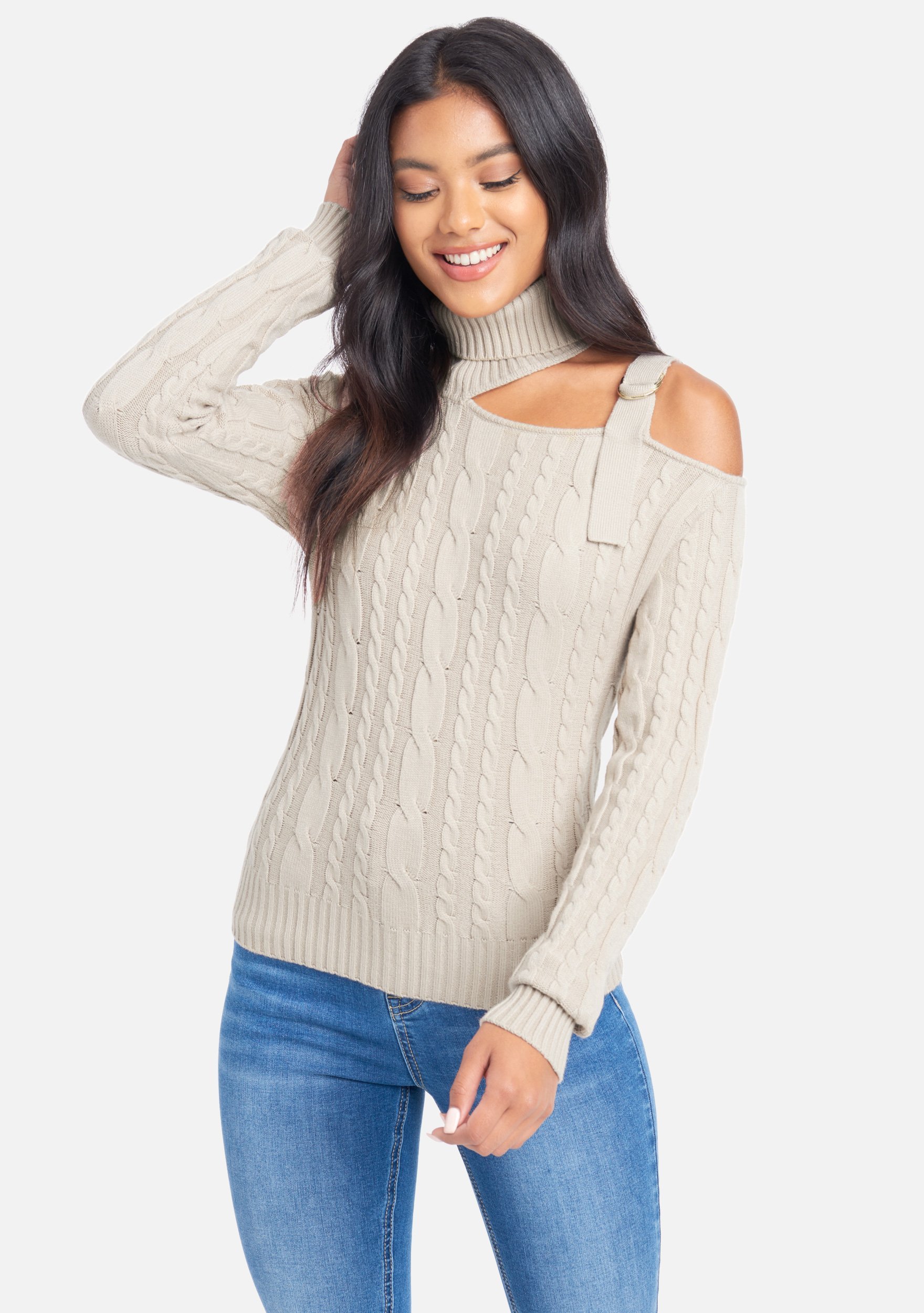 Bebe Women's Mock Neck Cut Out Sweater Top, Size Medium in Camel Heather Spandex/Nylon