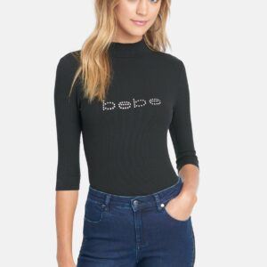 Bebe Women's Swarovski Logo Mock Neck 3/4 Sleeve Tee Shirt, Size Medium in Black Spandex
