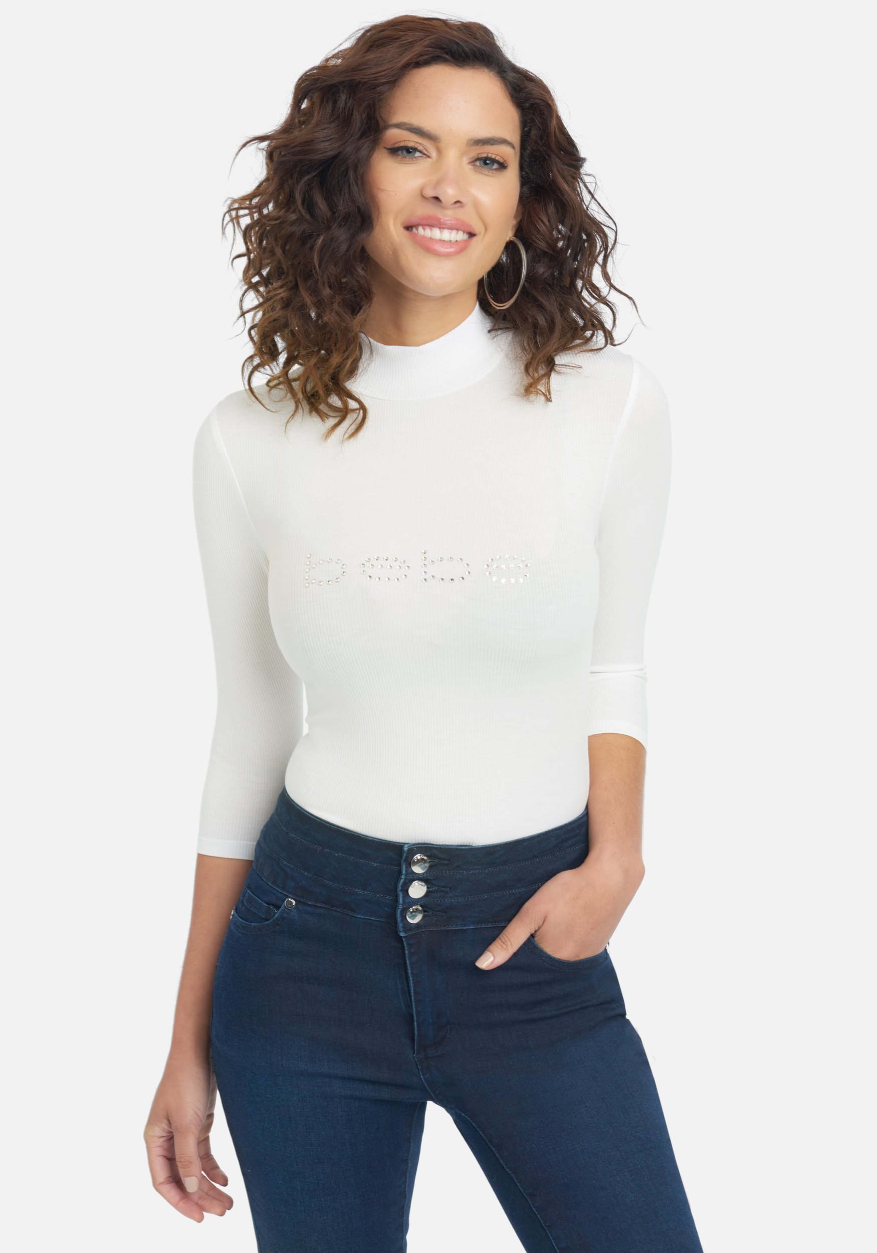 Bebe Women's Swarovski Logo Mock Neck 3/4 Sleeve Tee Shirt, Size XS in Bright White Spandex