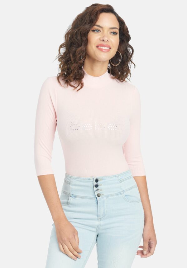 Bebe Women's Swarovski Logo Mock Neck 3/4 Sleeve Tee Shirt, Size XL in Chalk Pink Spandex