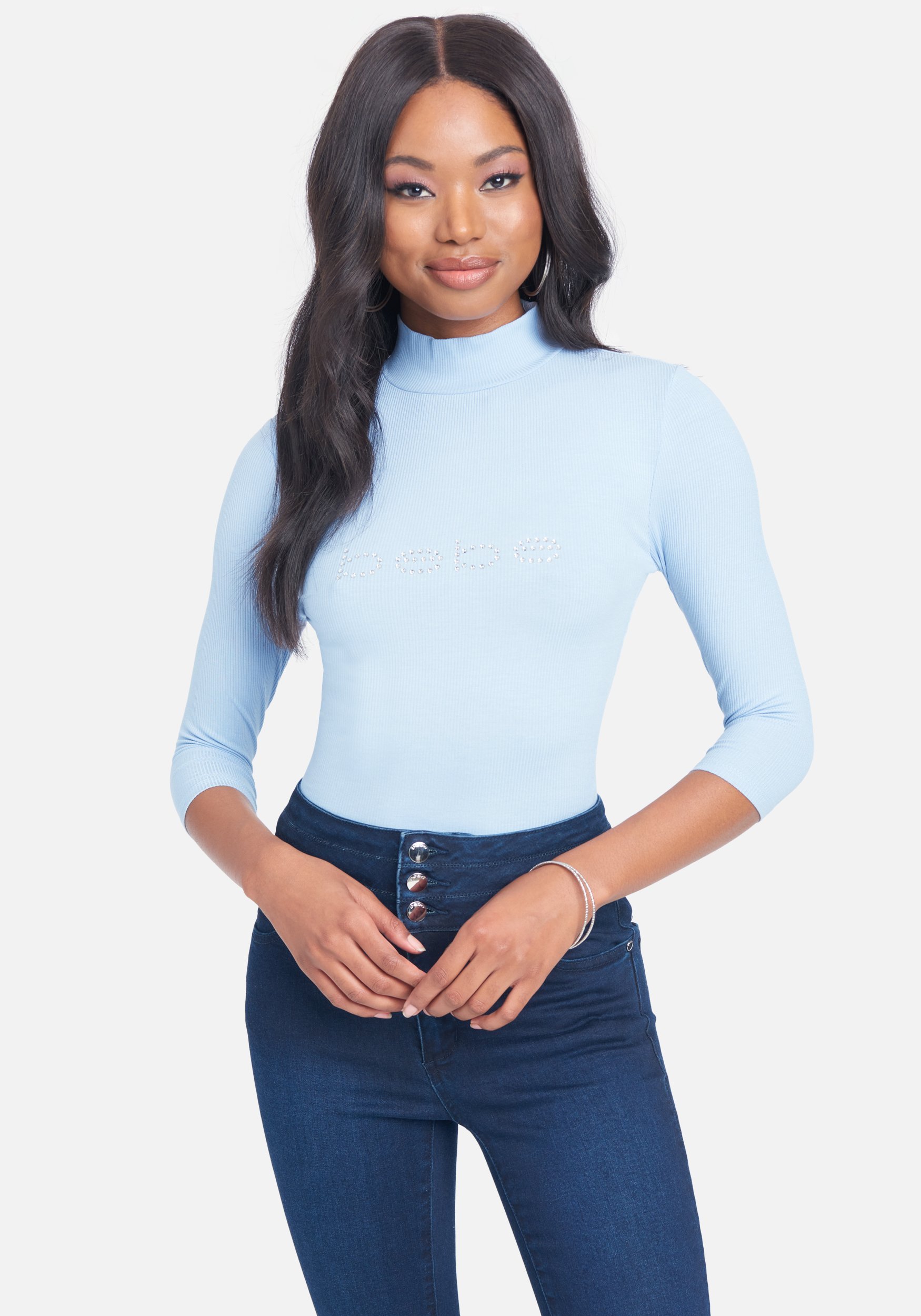 Bebe Women's Swarovski Logo Mock Neck 3/4 Sleeve Tee Shirt, Size XS in Ice Blue Spandex