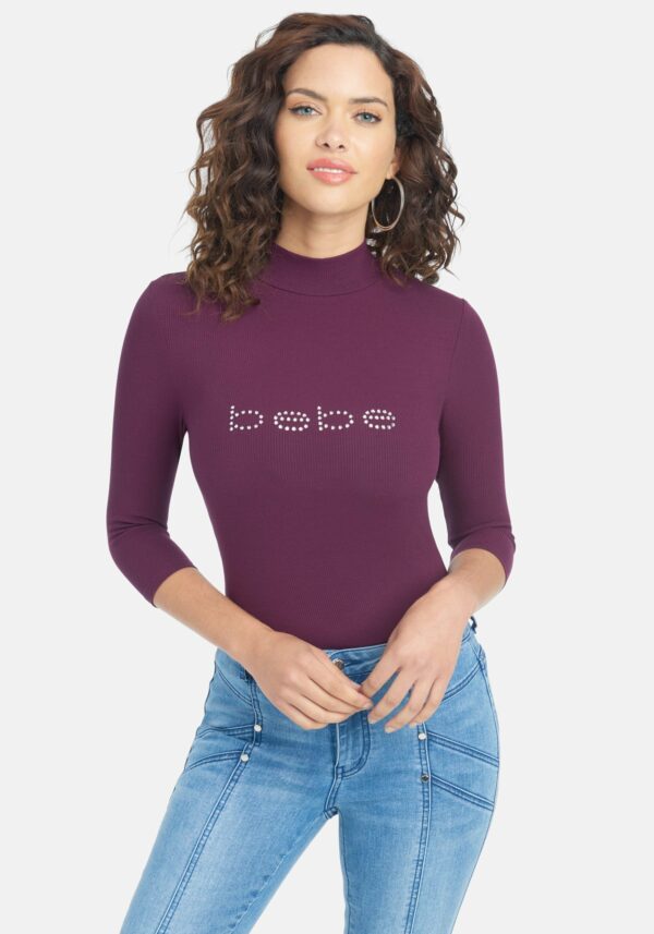 Bebe Women's Swarovski Logo Mock Neck 3/4 Sleeve Tee Shirt, Size Large in Plum Spandex