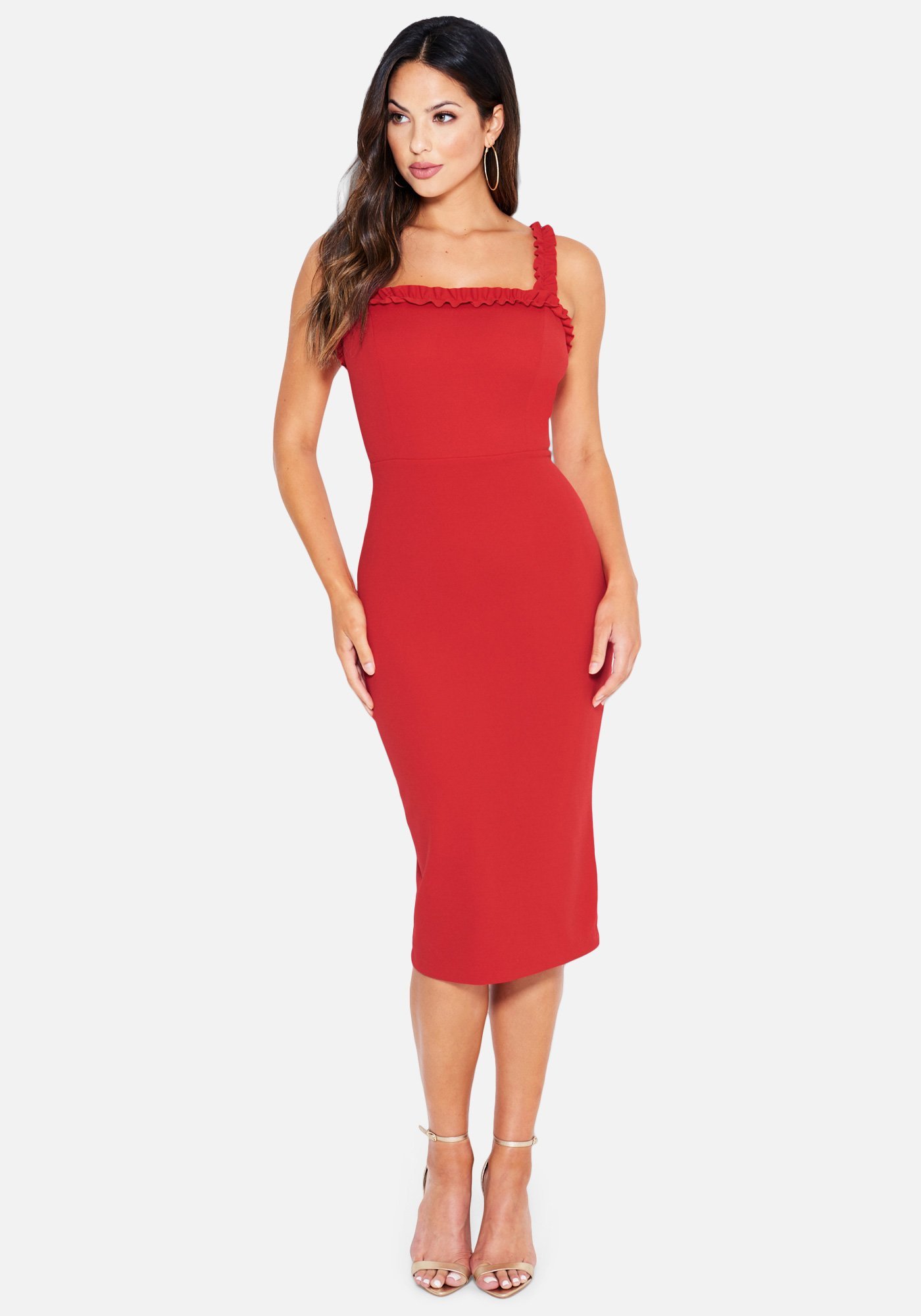Bebe Women's Ruffle Trim Bodycon Midi Dress, Size XS in Red Polyester