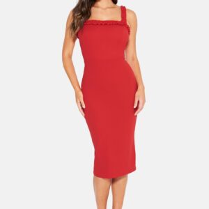 Bebe Women's Ruffle Trim Bodycon Midi Dress, Size Medium in Red Polyester