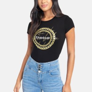 Women's Bebe Logo Chain Foil Print Tee Shirt, Size Medium in Black Spandex