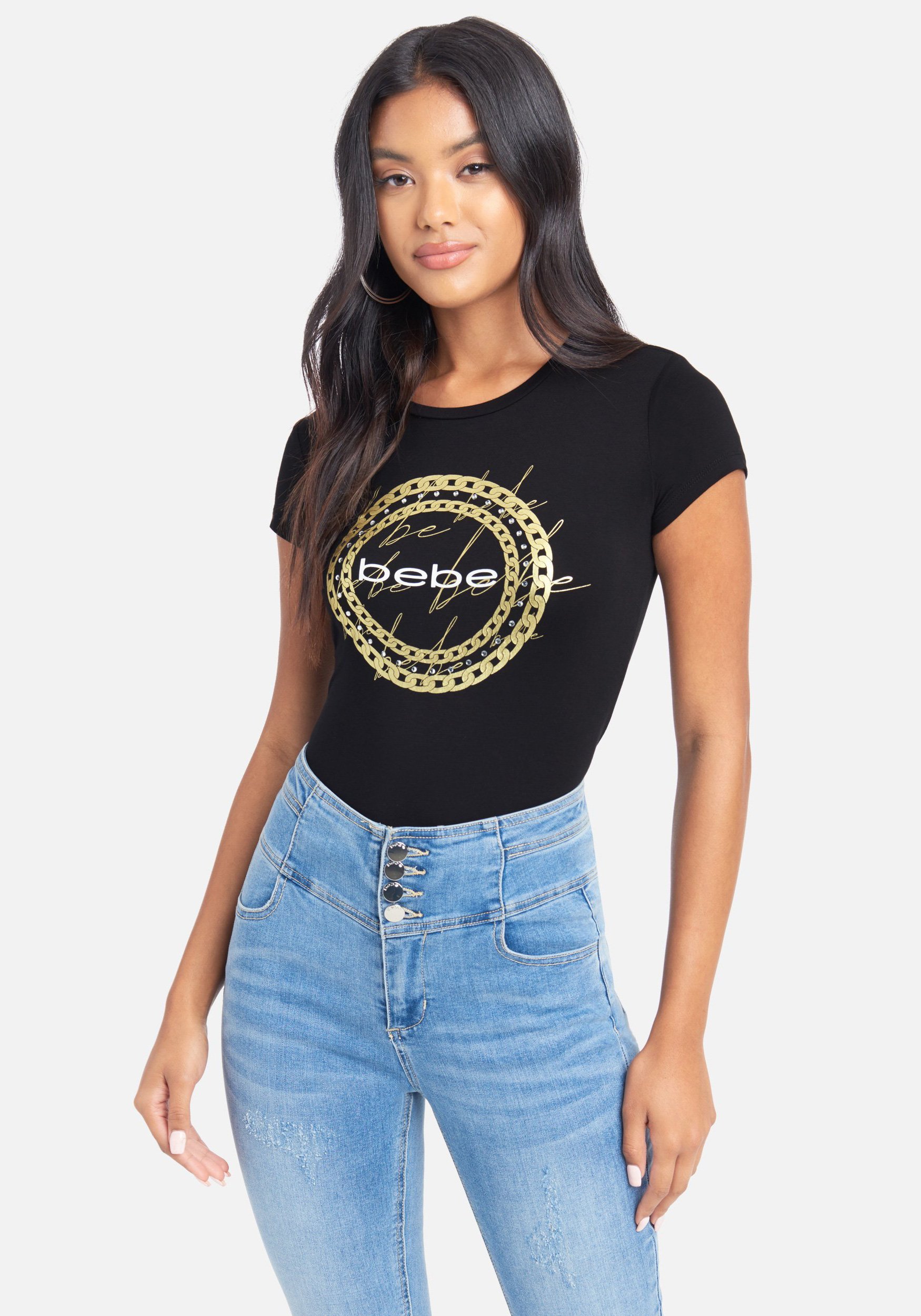 Women's Bebe Logo Chain Foil Print Tee Shirt, Size Large in Black Spandex