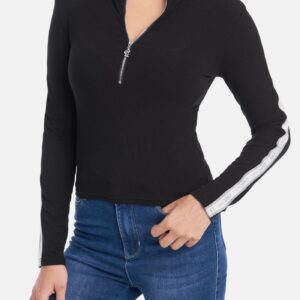 Women's Bebe Logo Zipper Pull Rib Top, Size Small in Black Spandex