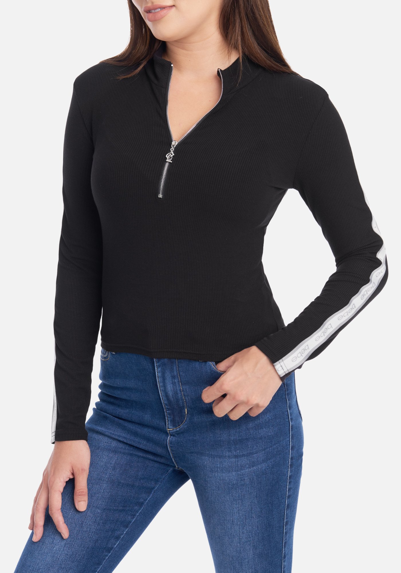 Women's Bebe Logo Zipper Pull Rib Top, Size Large in Black Spandex