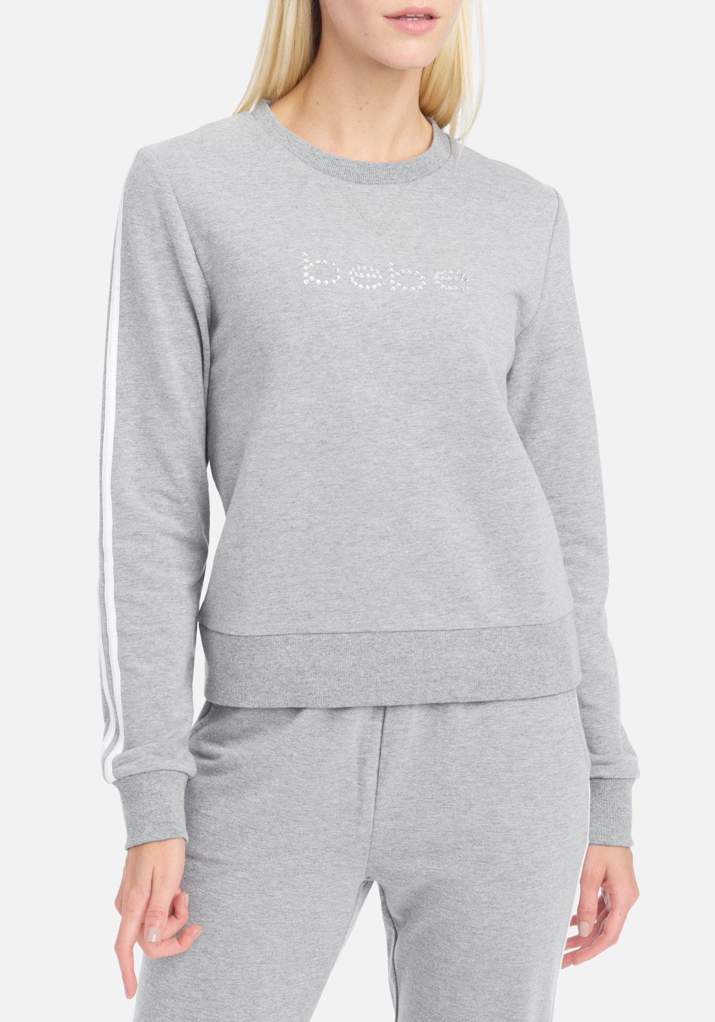 Women's Bebe Logo Contrast Sweater, Size Large in Grey Heather Cotton/Spandex