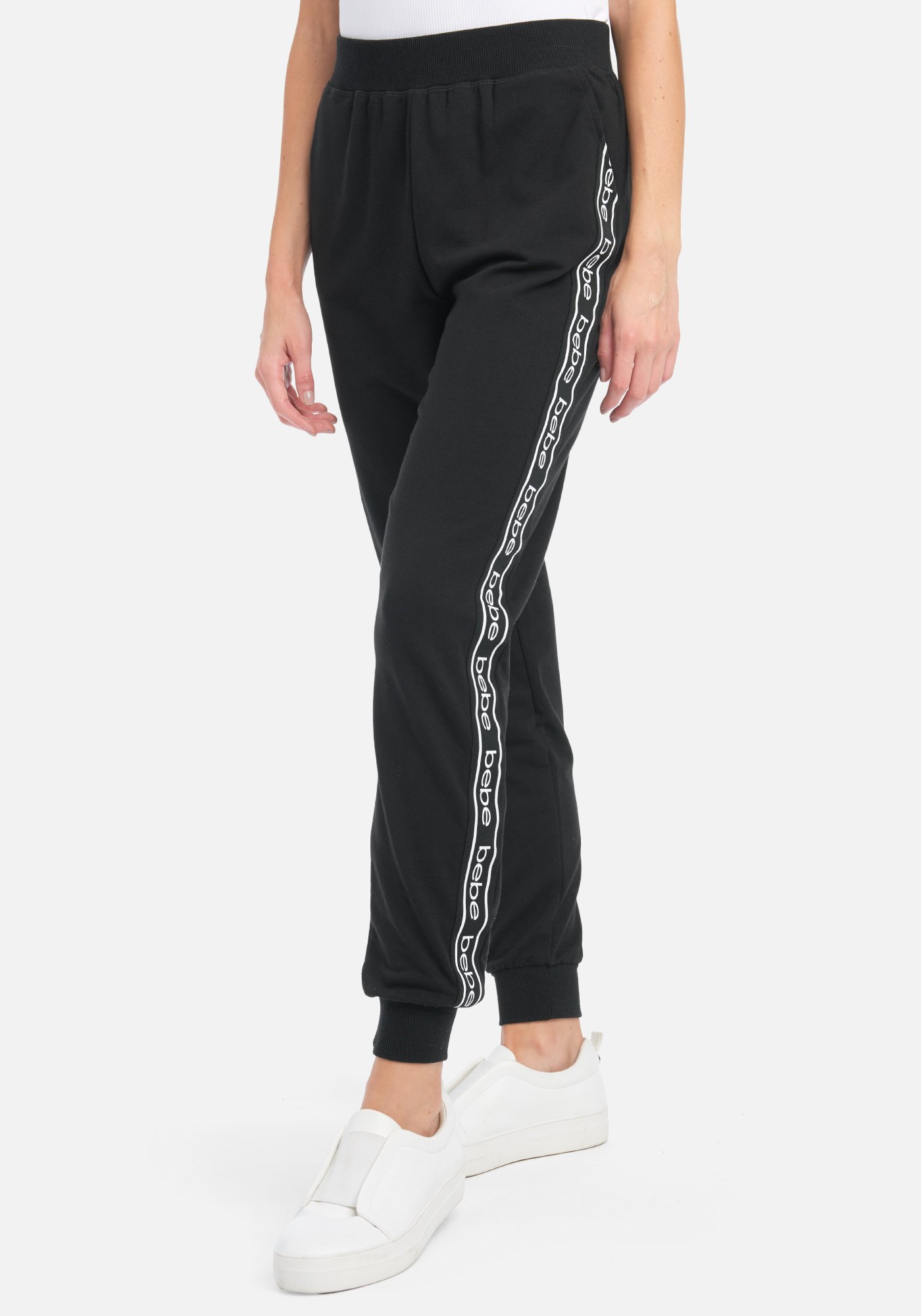 Women's Bebe Logo Side Taping Jogger Pant, Size Medium in Black Cotton/Spandex