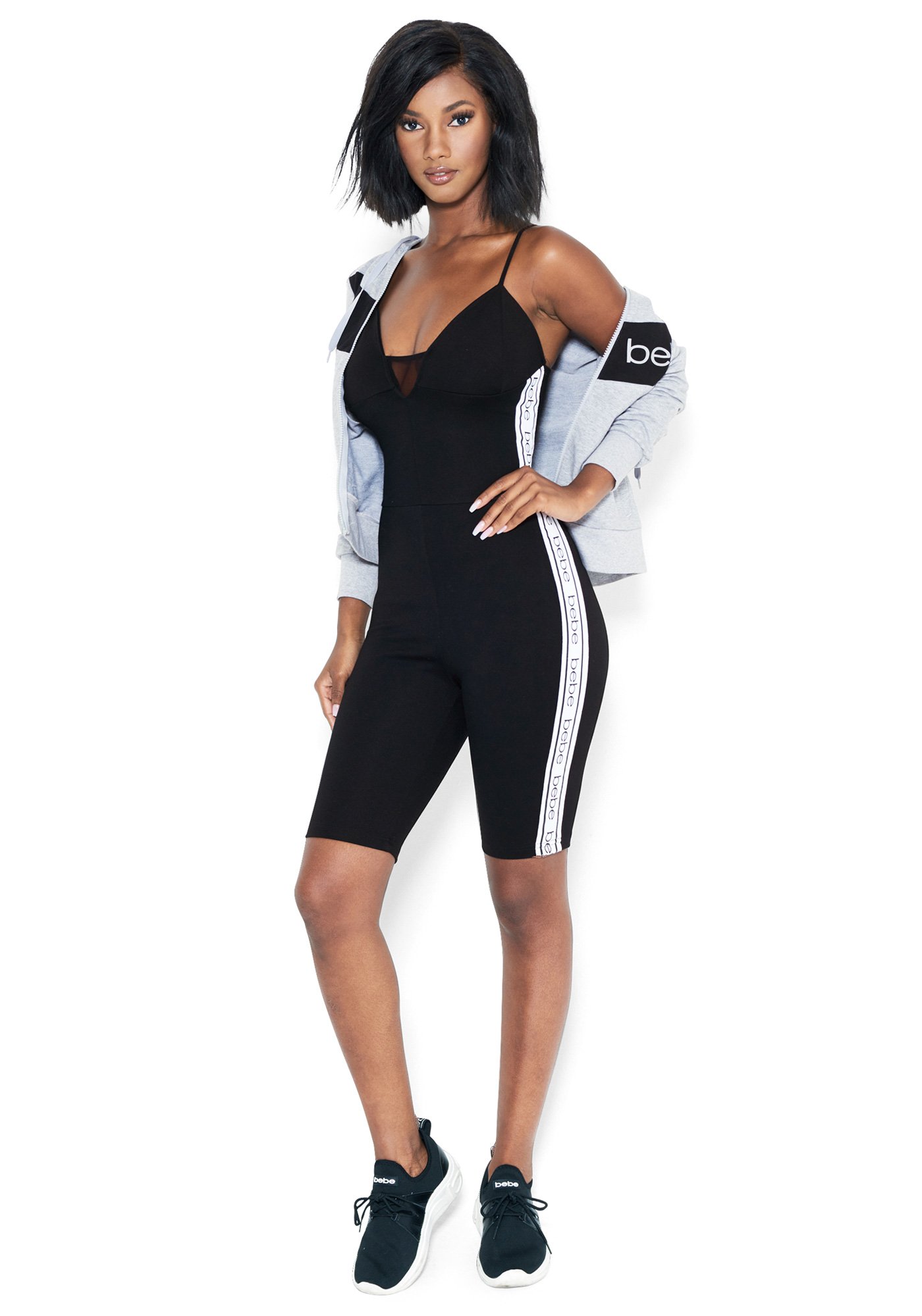 Women's Bebe Logo Bodycon Plunge Romper, Size Medium in BLACK Spandex/Nylon