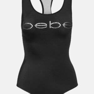 Women's Bebe Logo Bodysuit, Size Small in Black Spandex/Nylon