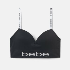 Women's Bebe Logo Padded Sports Bra, Size Large in Black Spandex/Nylon