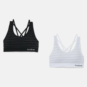 Bebe Women's 2 Pack Stripe Sports Bra, Size XL in Whiteout Spandex/Nylon