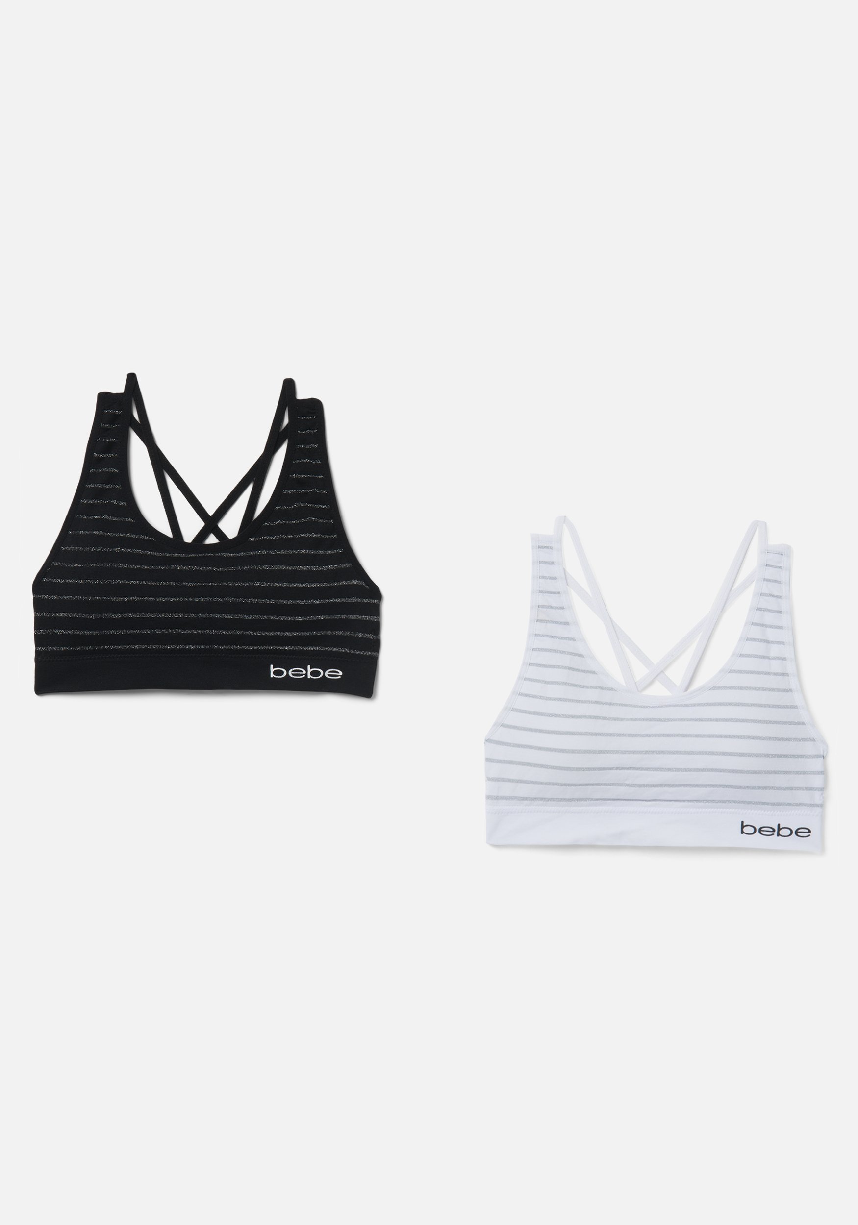 Bebe Women's 2 Pack Stripe Sports Bra, Size Medium in Whiteout Spandex/Nylon