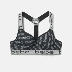 Women's Bebe Logo Sports Bra, Size Small in Black Spandex/Nylon