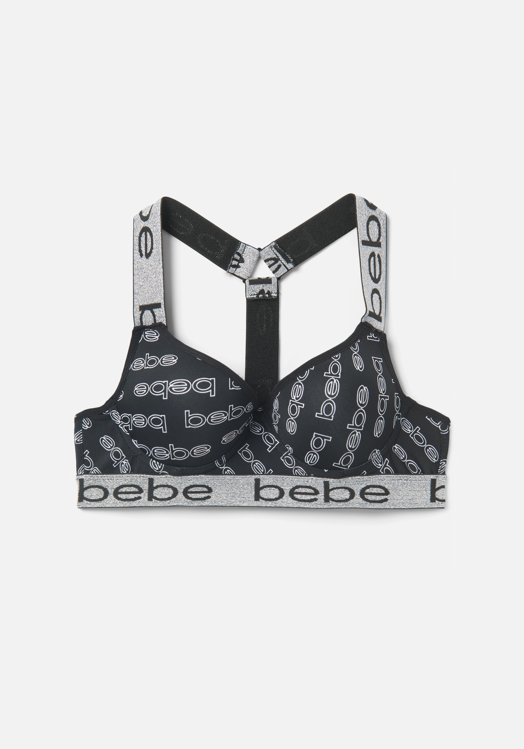 Women's Bebe Logo Sports Bra, Size Large in Black Spandex/Nylon