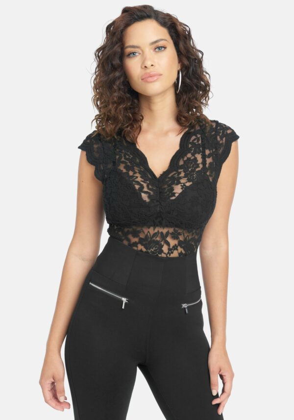 Bebe Women's Allover Lace Scallop Knit Top, Size XL in Black Cotton/Nylon