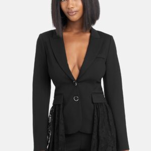 Bebe Women's Lace Drape Detail Blazer Jacket, Size Medium in BLACK Spandex/Nylon