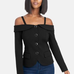 Bebe Women's Off Shoulder Button Up Blazer Jacket, Size Large in Black Spandex/Nylon