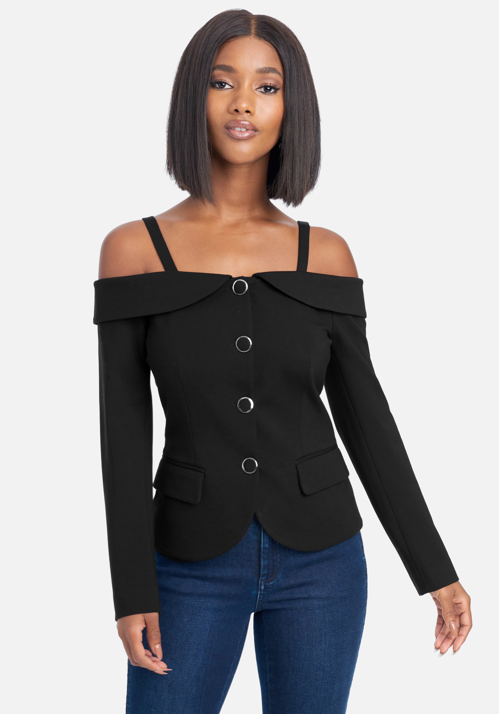 Bebe Women's Off Shoulder Button Up Blazer Jacket, Size XL in Black Spandex/Nylon