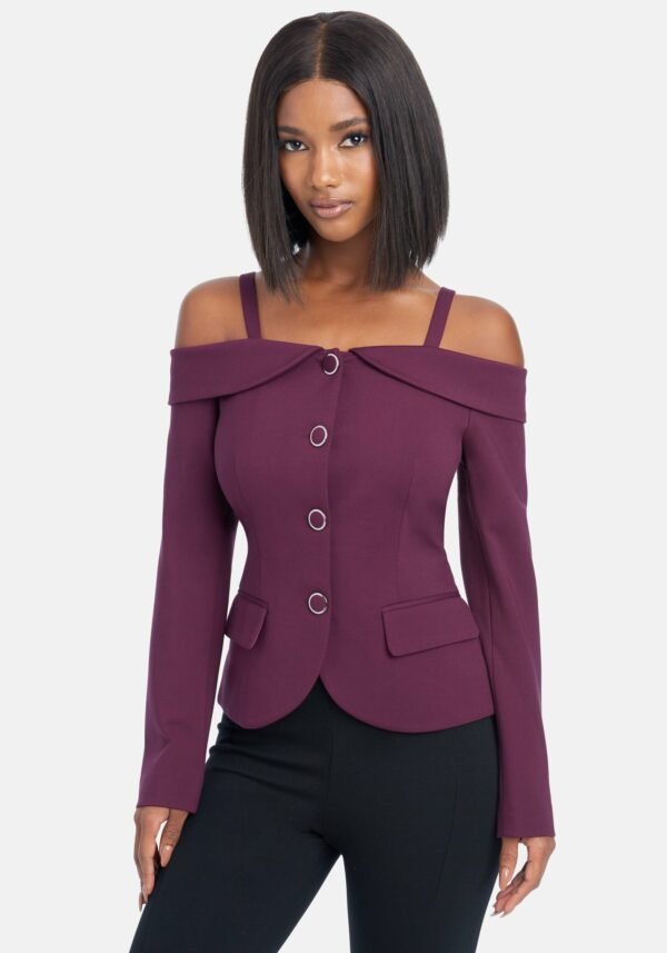 Bebe Women's Off Shoulder Button Up Blazer Jacket, Size Large in Plum Spandex/Nylon