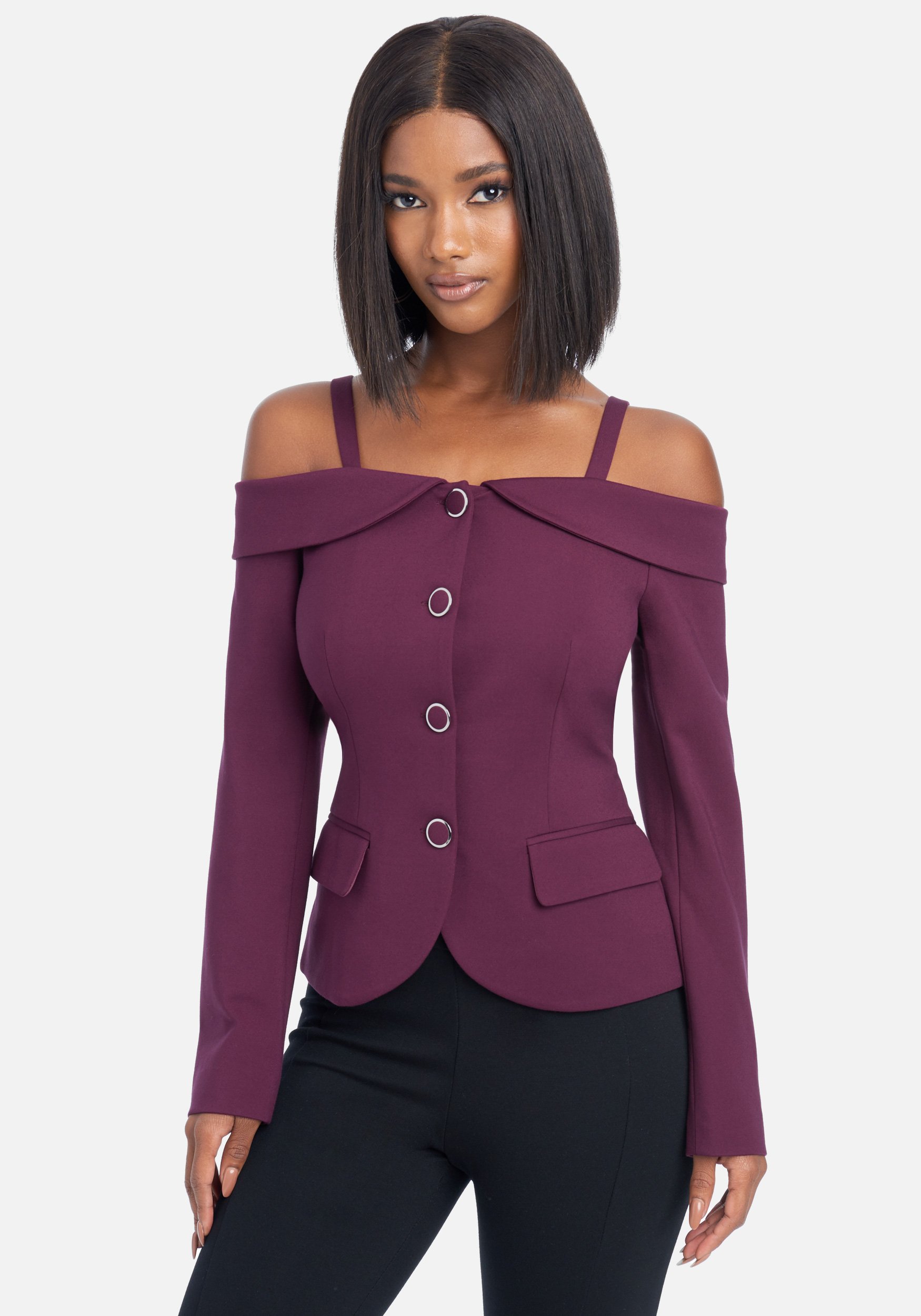 Bebe Women's Off Shoulder Button Up Blazer Jacket, Size Small in Plum Spandex/Nylon
